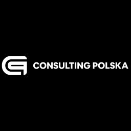 Consulting Polska - Białe logo firmy Consulting Polska na czarnym tle, z abstrakcyjnym symbolem po lewej stronie.