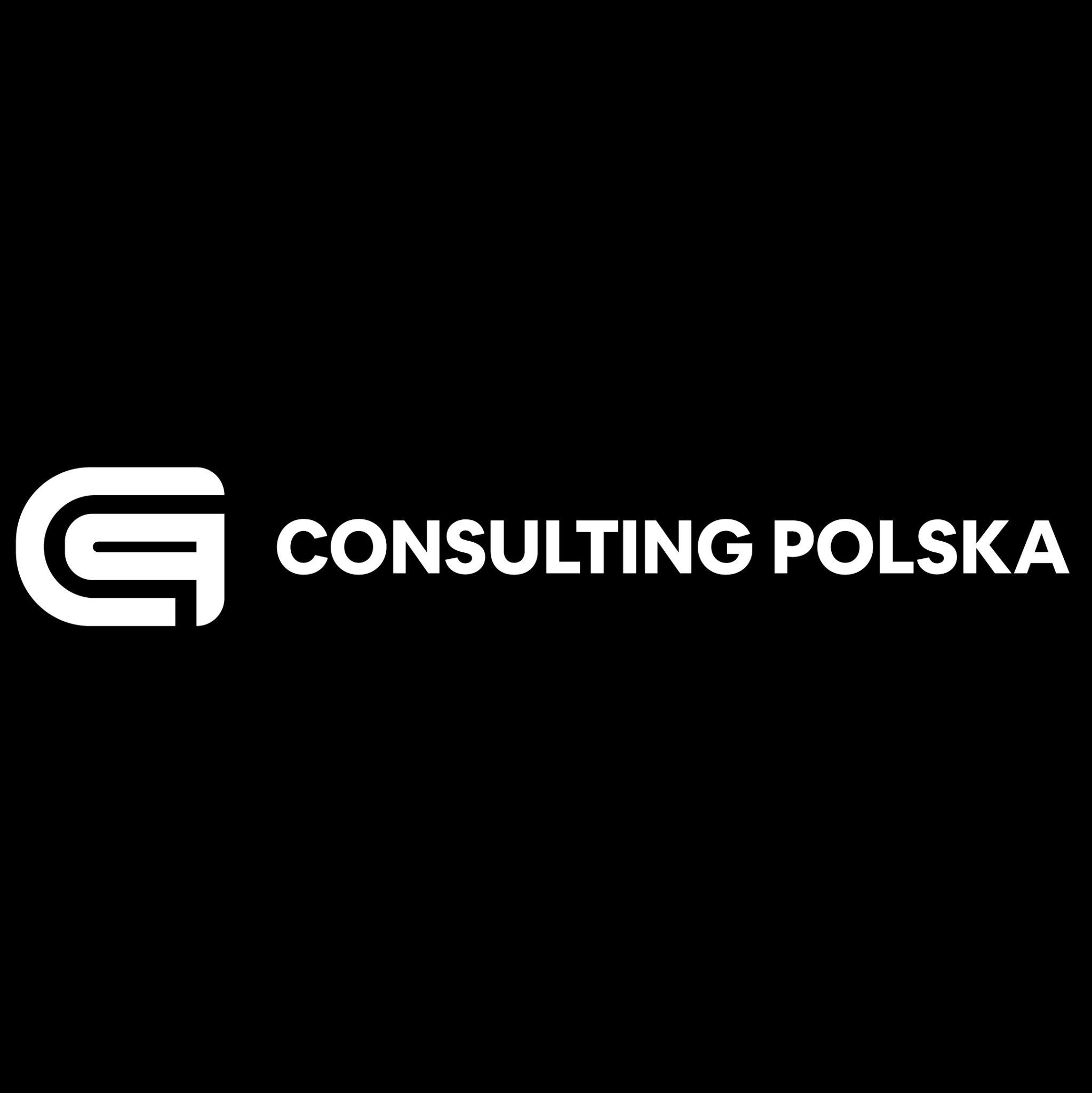 Białe logo firmy Consulting Polska na czarnym tle, z abstrakcyjnym symbolem po lewej stronie.