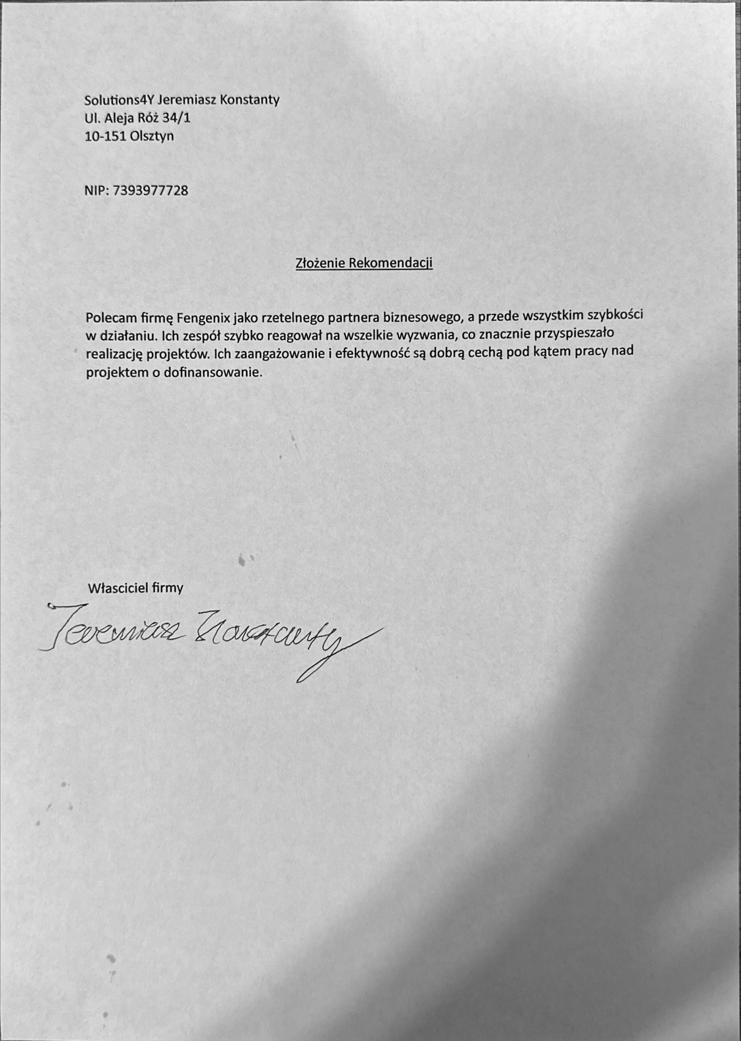 Skan rekomendacji dla firmy Fengenix, podpisany przez Jeremiasza Konstantego z Solutions4Y, z informacją o poleceniu jako rzetelnego partnera biznesowego przy projektach o dofinansowanie.
