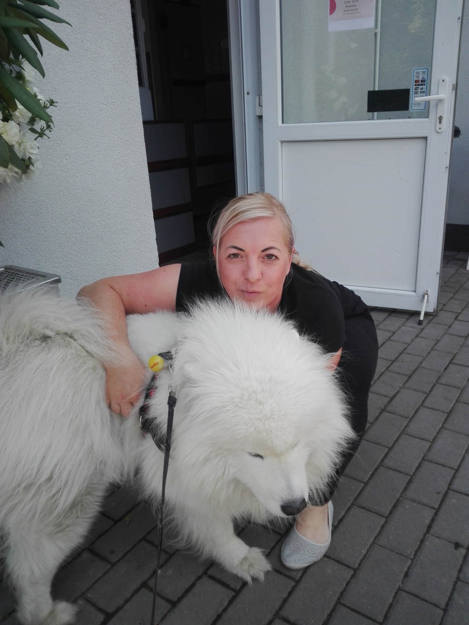 Kobieta w czarnym ubraniu obejmuje dużego, białego psa rasy Samoyed na chodniku z kostki brukowej przed budynkiem z białymi kwiatami i drzwiami wejściowymi z naklejkami informacyjnymi.