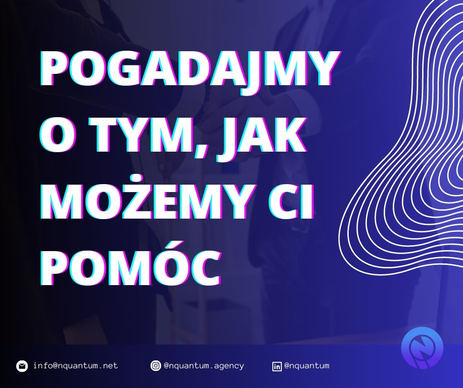 Grafika reklamowa z hasłem 'Pogadajmy o tym, jak możemy Ci pomóc' na tle dłoni ściskających się w geście partnerstwa biznesowego, uzupełniona o minimalistyczny wzór graficzny i dane kontaktowe firmy.