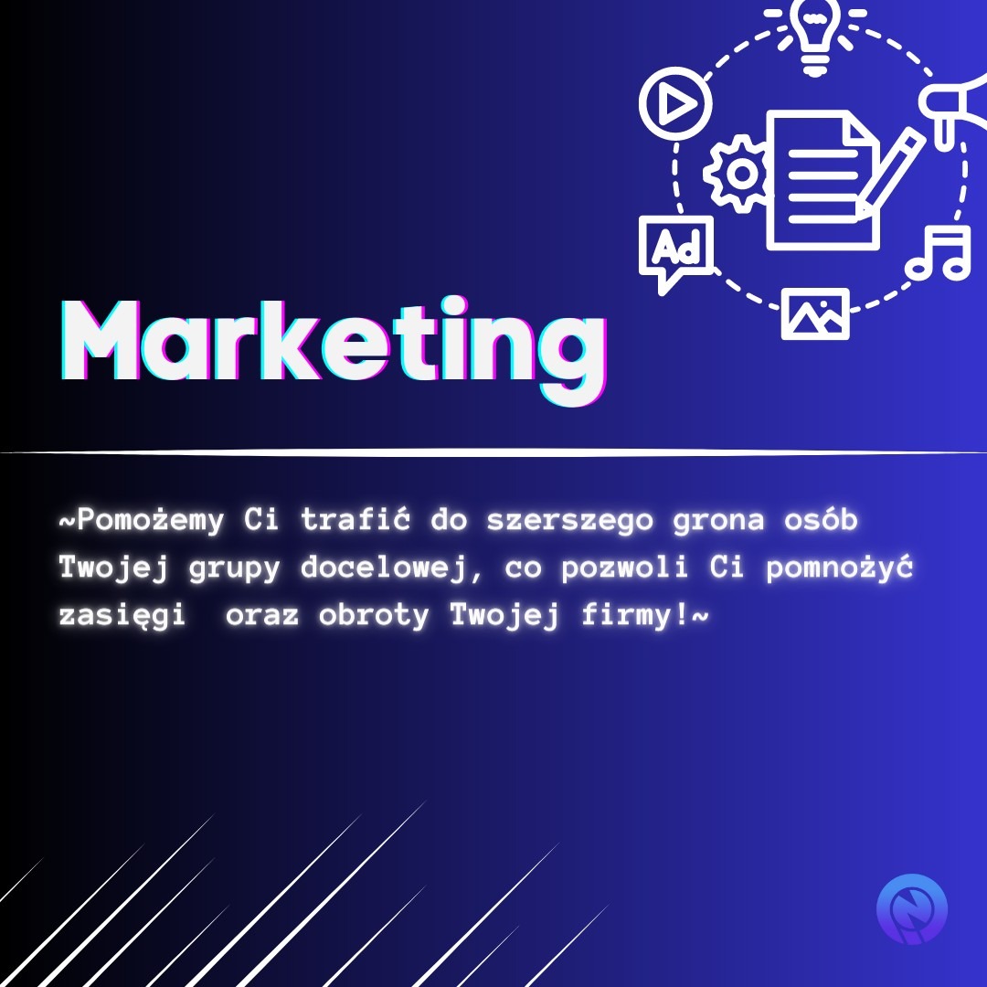 Grafika z napisem 'Marketing' w neonowych kolorach, otoczona ikonami symbolizującymi różne aspekty promocji, takie jak reklama, treści, analiza danych i media społecznościowe, na gradientowym tle.