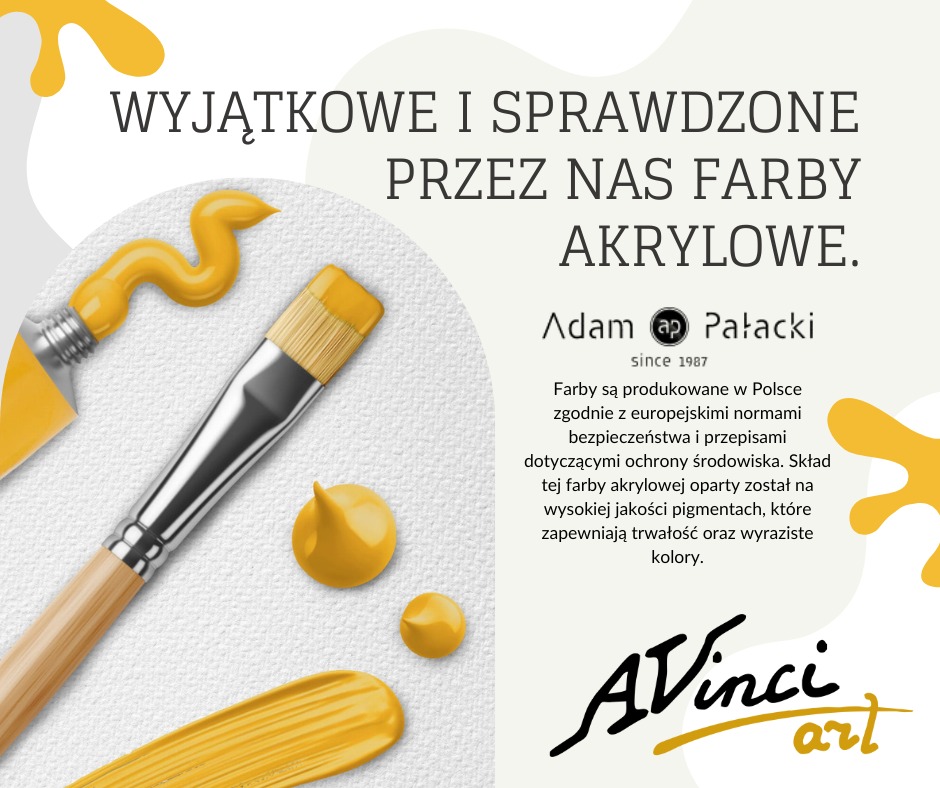 Reklama farb akrylowych: pędzel, tubka farby, krople farby na teksturowanym tle, logo firmy.