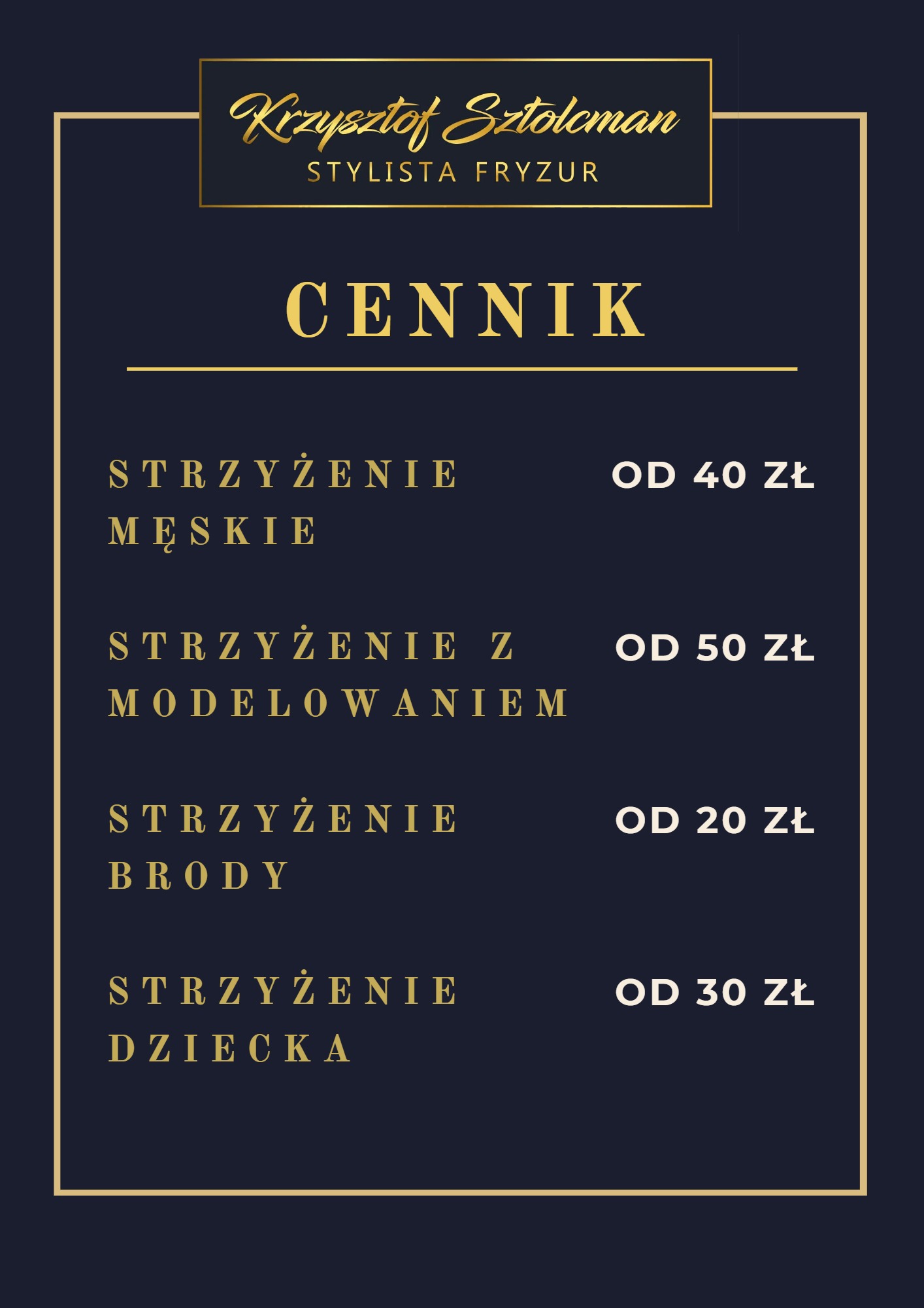 Elegancki cennik usług fryzjerskich w kolorystyce granatowo-złotej, prezentujący ofertę strzyżenia męskiego, z modelowaniem, brody i dziecięcego wraz z cenami.