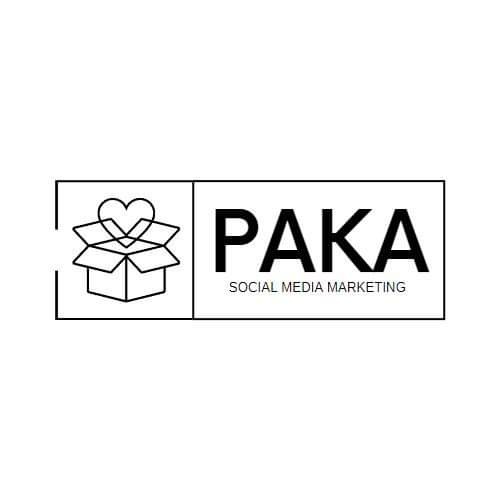 Minimalistyczne logo firmy PAKA Social Media Marketing z motywem otwartego pudełka z sercem, umieszczone w prostokątnej ramce.