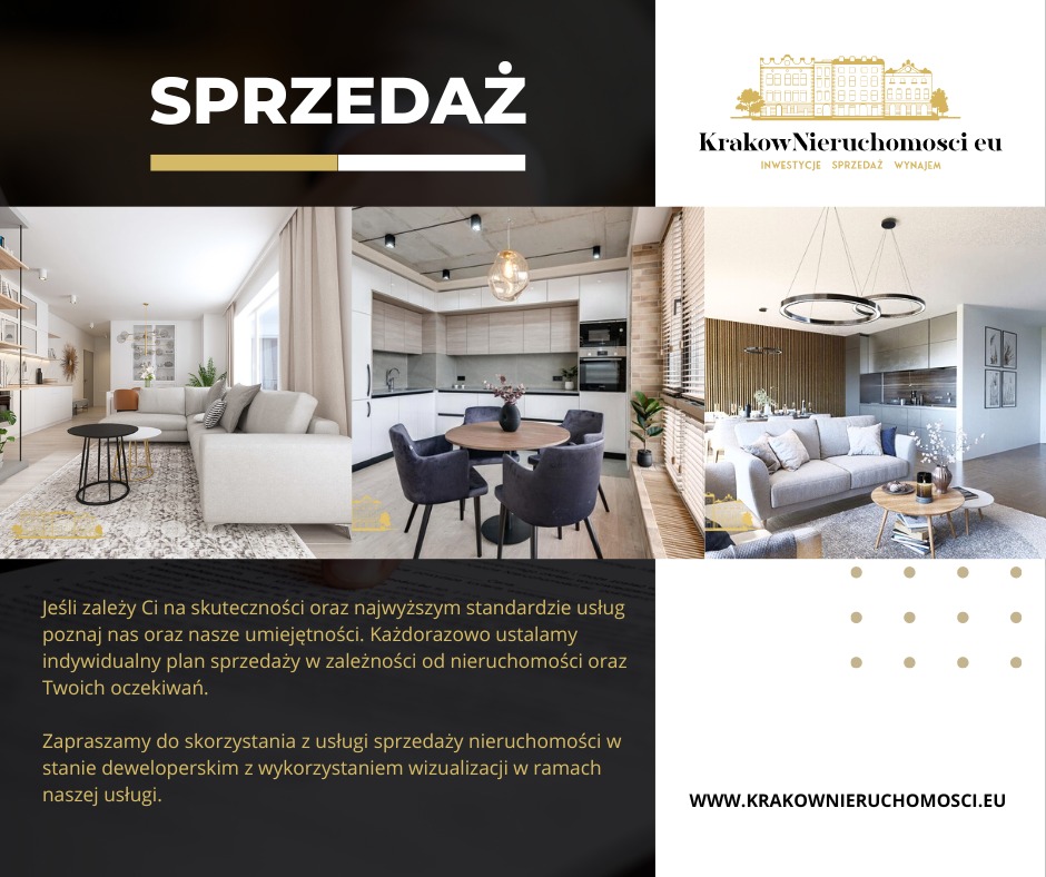 Kolaż wizualizacji wnętrz nowoczesnych mieszkań i kuchni w stonowanych kolorach, z logo KrakowNieruchomosci.eu i napisem SPRZEDAŻ.