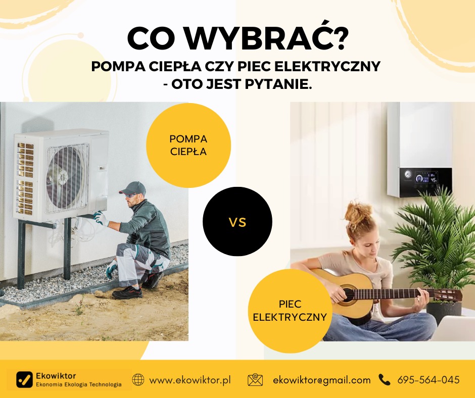 Porównanie: instalacja pompy ciepła przez montera w szarym kombinezonie i czapce kontra kobieta grająca na gitarze obok elektrycznego pieca centralnego ogrzewania w jasnym salonie, z elementami...