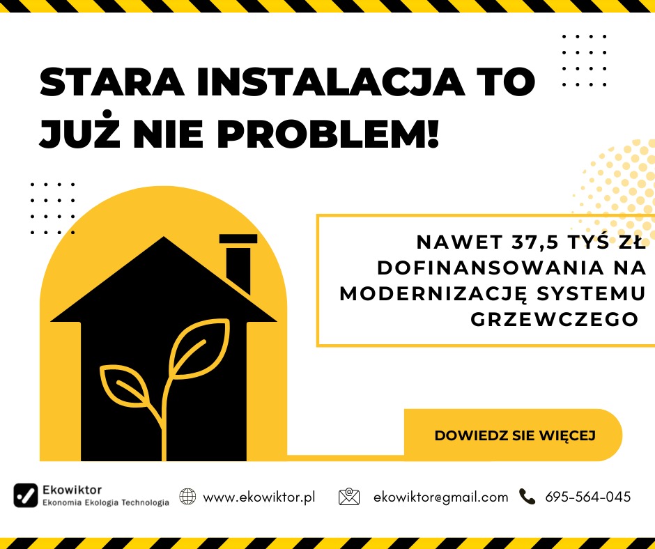 Grafika reklamowa: Stara instalacja to już nie problem! Dofinansowanie na modernizację systemu grzewczego. Logo firmy Ekowiktor z adresem strony internetowej i numerem telefonu.