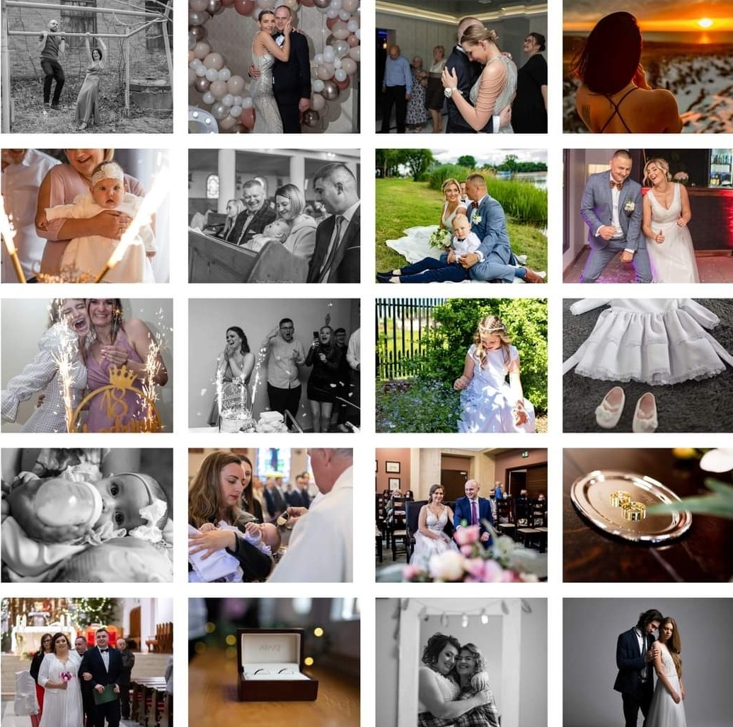 Zestaw zdjęć przedstawiających różne uroczystości rodzinne: para na tle balonów, rodzina z dzieckiem podczas chrztu, para młoda z dzieckiem na łonie natury, para młoda tańcząca, dziecko z rodzicami...