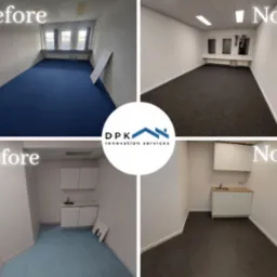 Kolaż przedstawiający biuro przed i po remoncie: zmiana koloru wykładziny, odświeżone ściany, zmodernizowany aneks kuchenny z białymi szafkami, w centralnej części logo firmy remontowej.