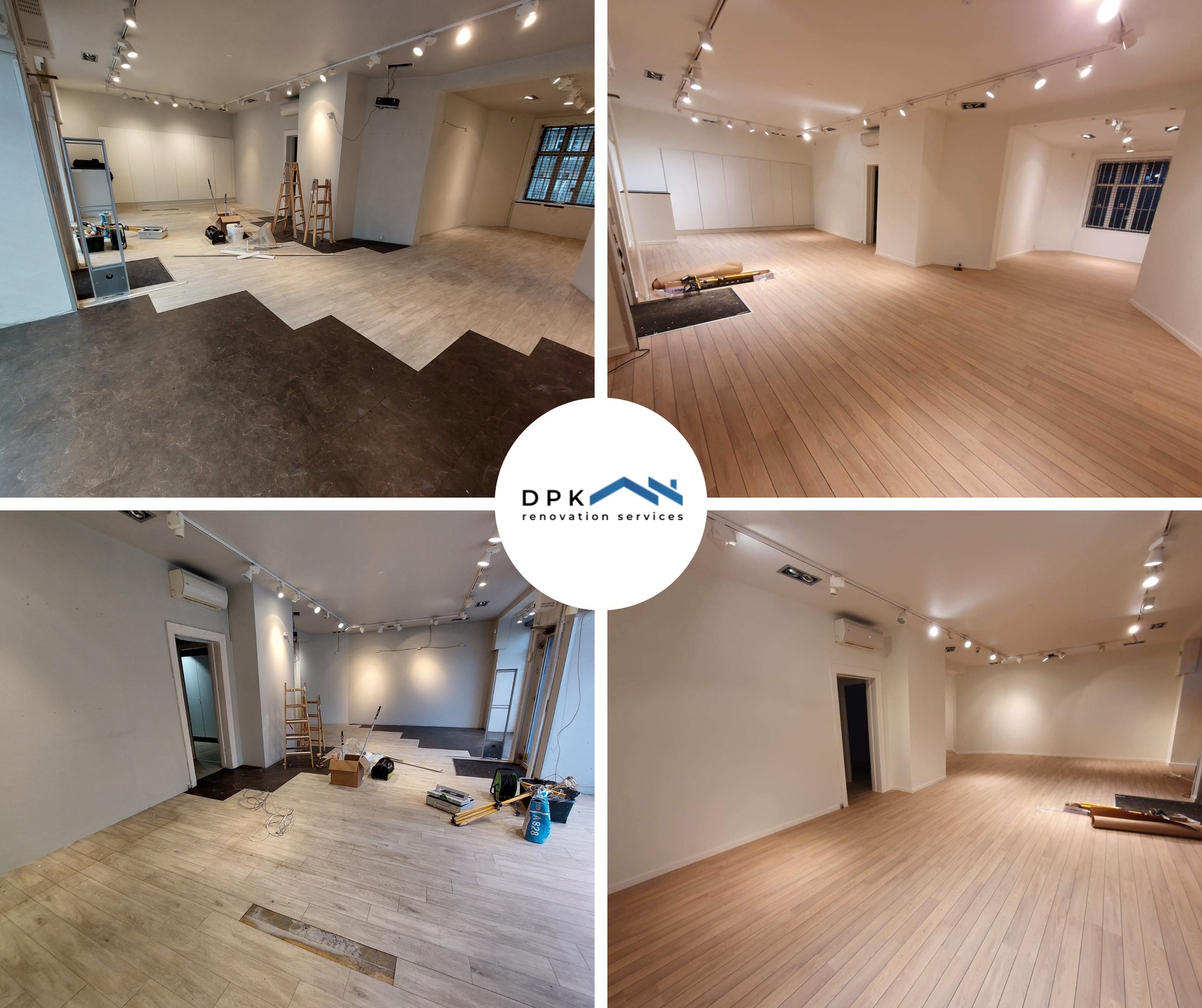 Czteropanelowe ujęcie wnętrza biurowego: w lewym górnym rogu fragment układania ciemnych płytek podłogowych, w prawym górnym rogu wykończona drewniana podłoga, w lewym dolnym rogu widok...