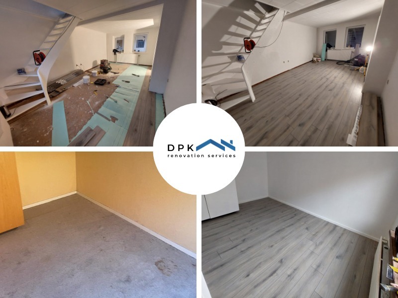 Montaż paneli podłogowych: widok przed i po, z widocznymi etapami prac i logo firmy remontowej DPK renovation services.