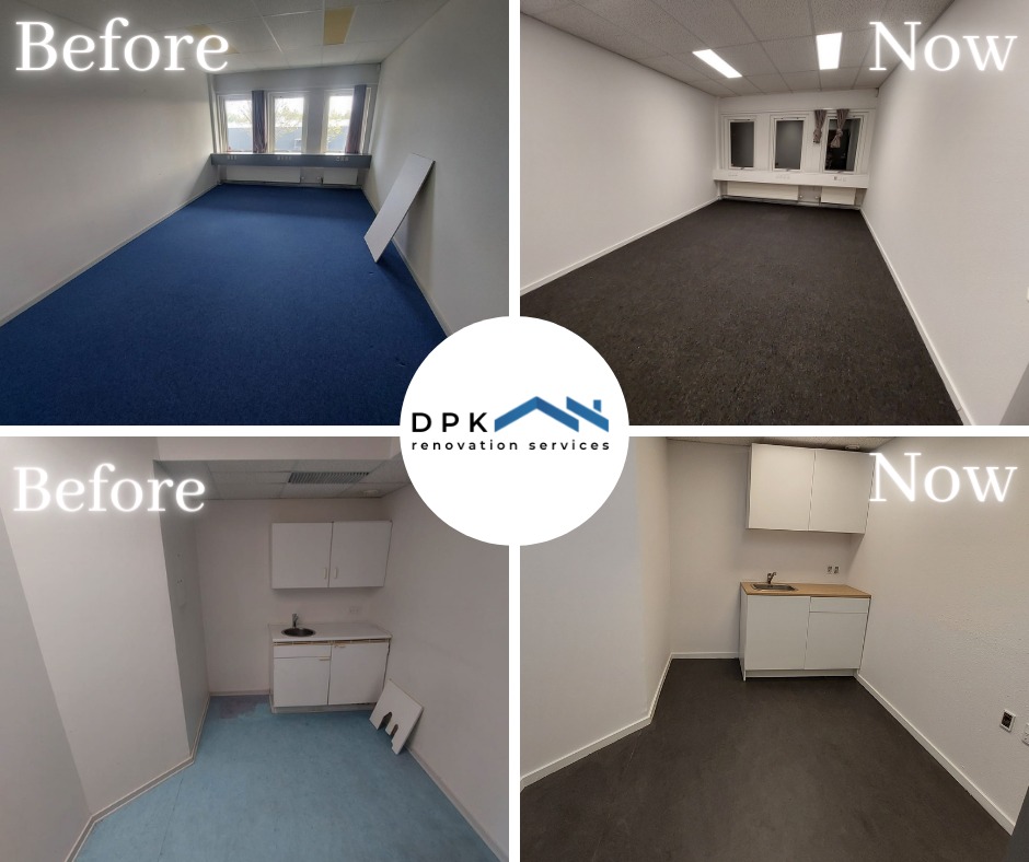 Kolaż przedstawiający biuro przed i po remoncie: zmiana koloru wykładziny, odświeżone ściany, zmodernizowany aneks kuchenny z białymi szafkami, w centralnej części logo firmy remontowej.