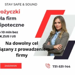 Grafika reklamowa z uśmiechniętą kobietą w garniturze na tle informacji o pożyczkach hipotecznych dla firm do 10 mln zł, z numerem telefonu.