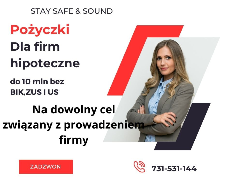 Grafika reklamowa z uśmiechniętą kobietą w garniturze na tle informacji o pożyczkach hipotecznych dla firm do 10 mln zł, z numerem telefonu.