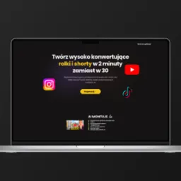 Ekran laptopa prezentujący aplikację ClipAutomator.com do automatycznego montażu krótkich wideo z AI, z ikonami Instagrama, YouTube i TikToka, obiecującą tworzenie rolek i shortów w 2 minuty...