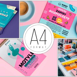 AQUADRATA IWONA CASTIELLO D'ANTONIO - Kompozycja z ulotkami reklamowymi: wyprzedaż, kursy online, lekcje tańca, ułożone obok filiżanki kawy i stosu wydruków na biurku.