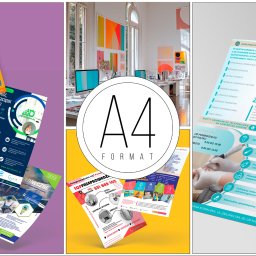 AQUADRATA IWONA CASTIELLO D'ANTONIO - Kolaż z trzech różnych ulotek reklamowych: doradztwo podatkowe, przeprowadzki i podologia, z nałożonym symbolem formatu A4.