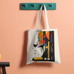 Ekologiczna torba z nadrukiem graficznym kobiety pijącej wino, zawieszona na wieszaku ściennym w minimalistycznym wnętrzu z żółtym wazonem i ciemnym stolikiem.