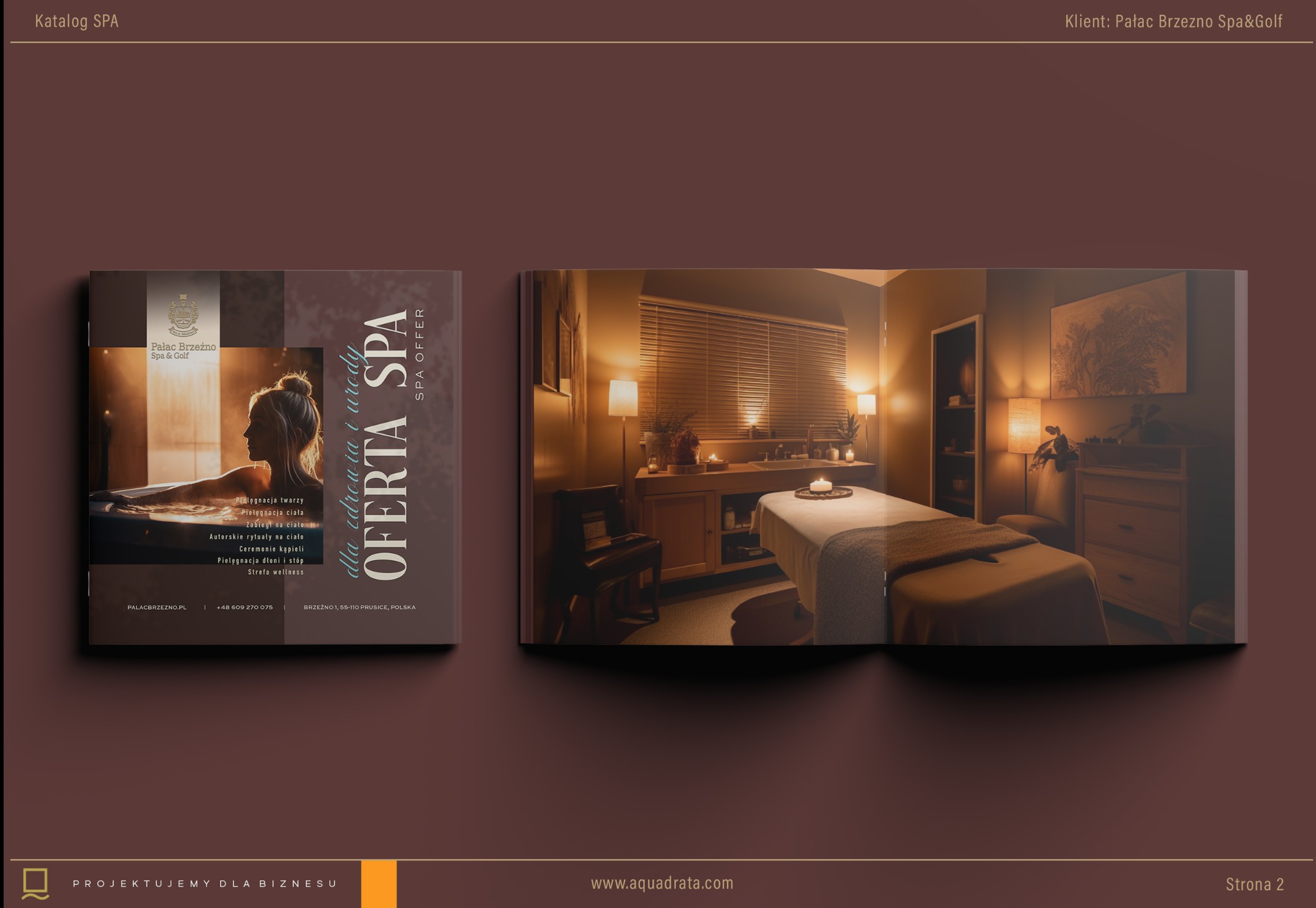 Rozkładówka katalogu SPA z widokiem na kobietę w kąpieli i wnętrze gabinetu masażu z łóżkiem, świecami i stonowanym oświetleniem.