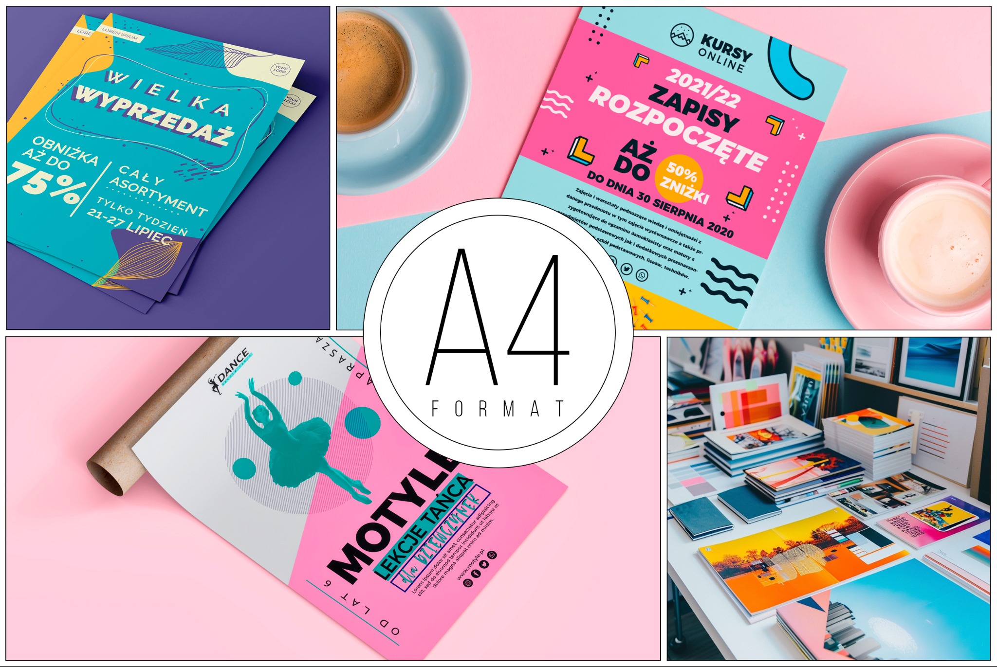 Kompozycja z ulotkami reklamowymi: wyprzedaż, kursy online, lekcje tańca, ułożone obok filiżanki kawy i stosu wydruków na biurku.
