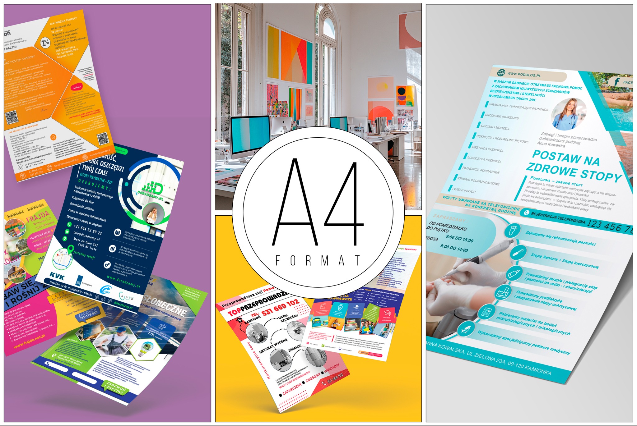Kolaż z trzech różnych ulotek reklamowych: doradztwo podatkowe, przeprowadzki i podologia, z nałożonym symbolem formatu A4.