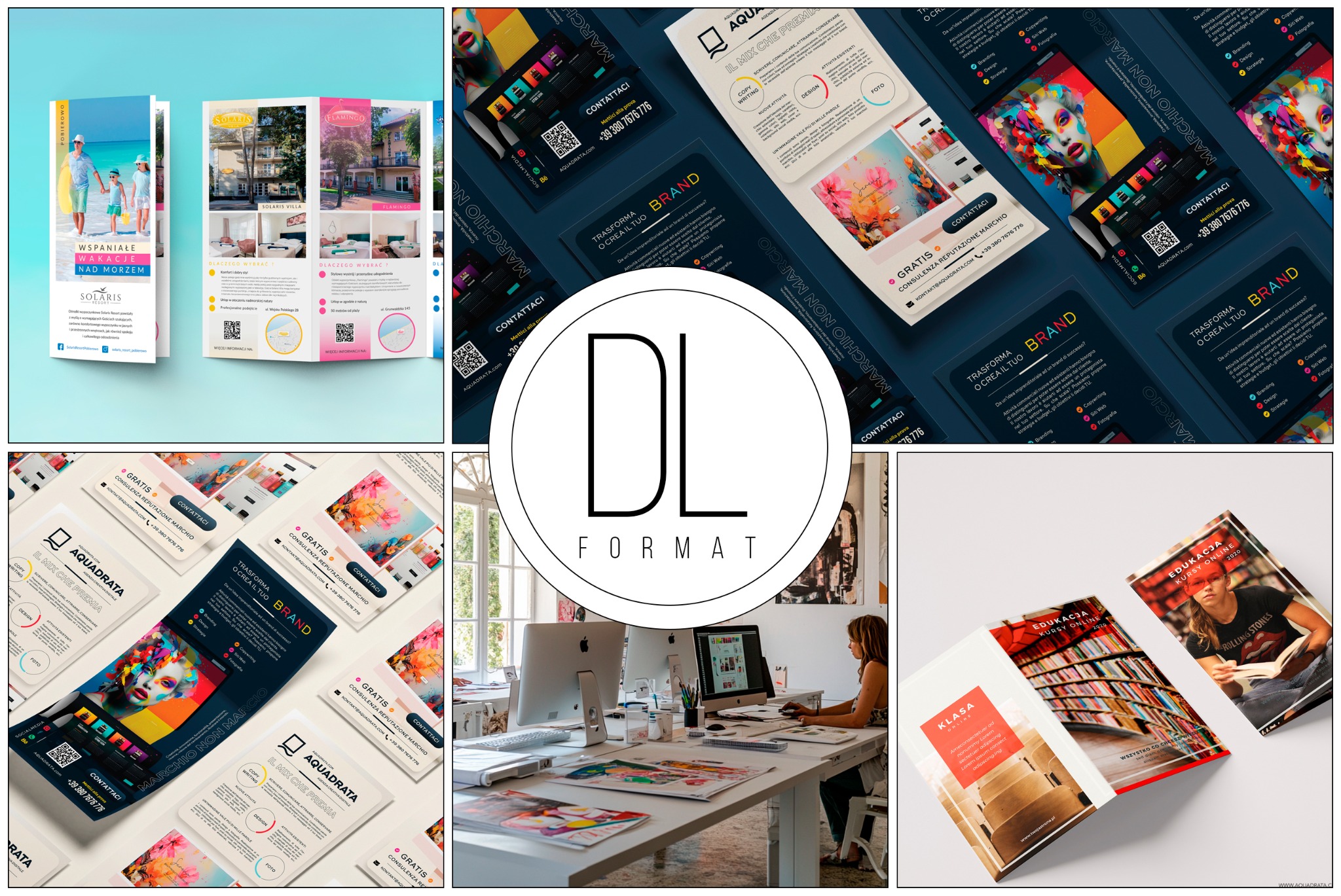 Zestawienie materiałów reklamowych i identyfikacji wizualnej: ulotki turystyczne, wizytówki z elementami brandingu, katalogi edukacyjne, prezentowane na biurku grafika z komputerami w tle.