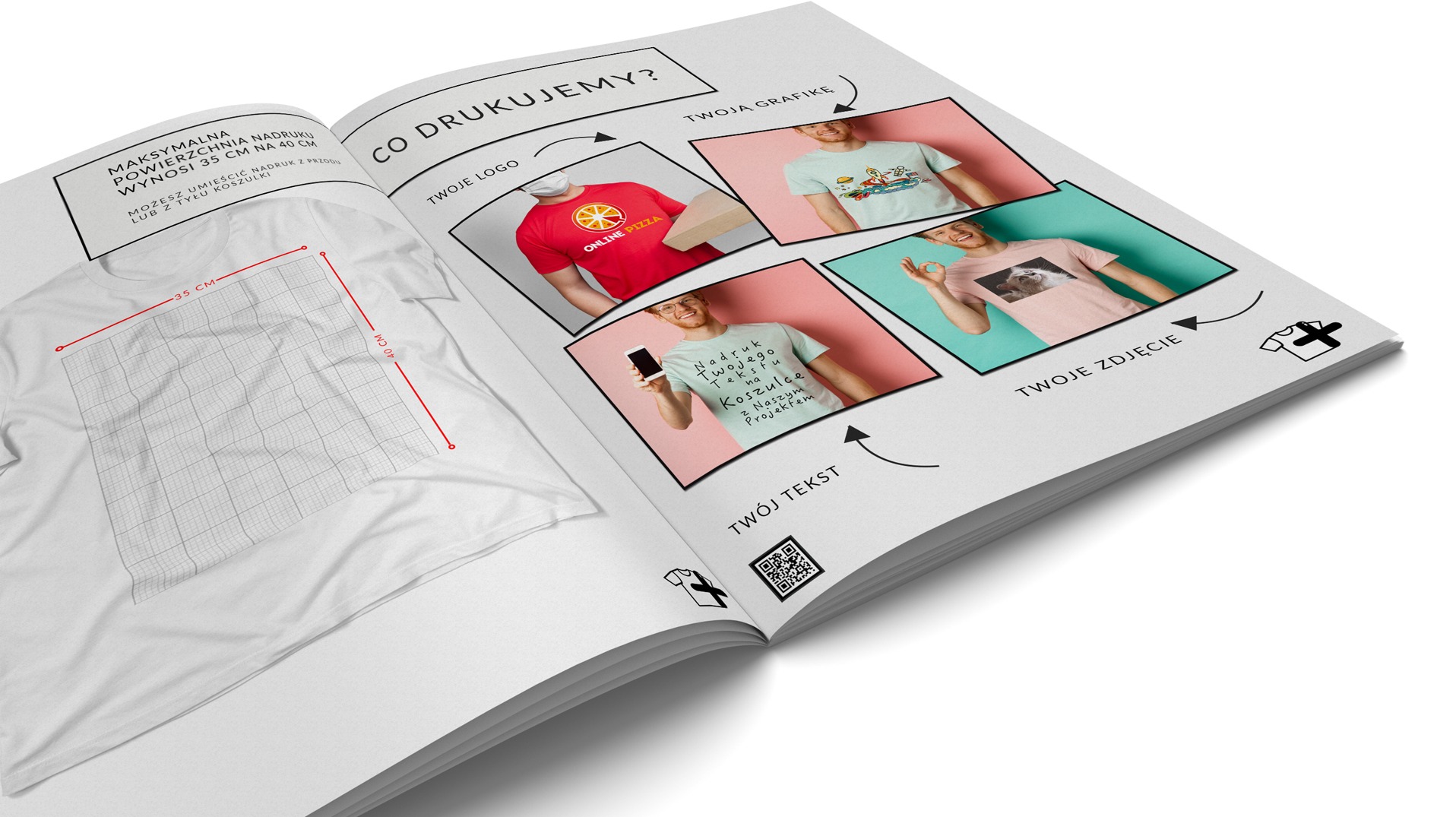 Otwarta broszura reklamowa z przykładami nadruków na koszulkach: logo pizzerii, grafika, tekst i zdjęcie, obok biała koszulka z zaznaczonym polem nadruku 35x40 cm.