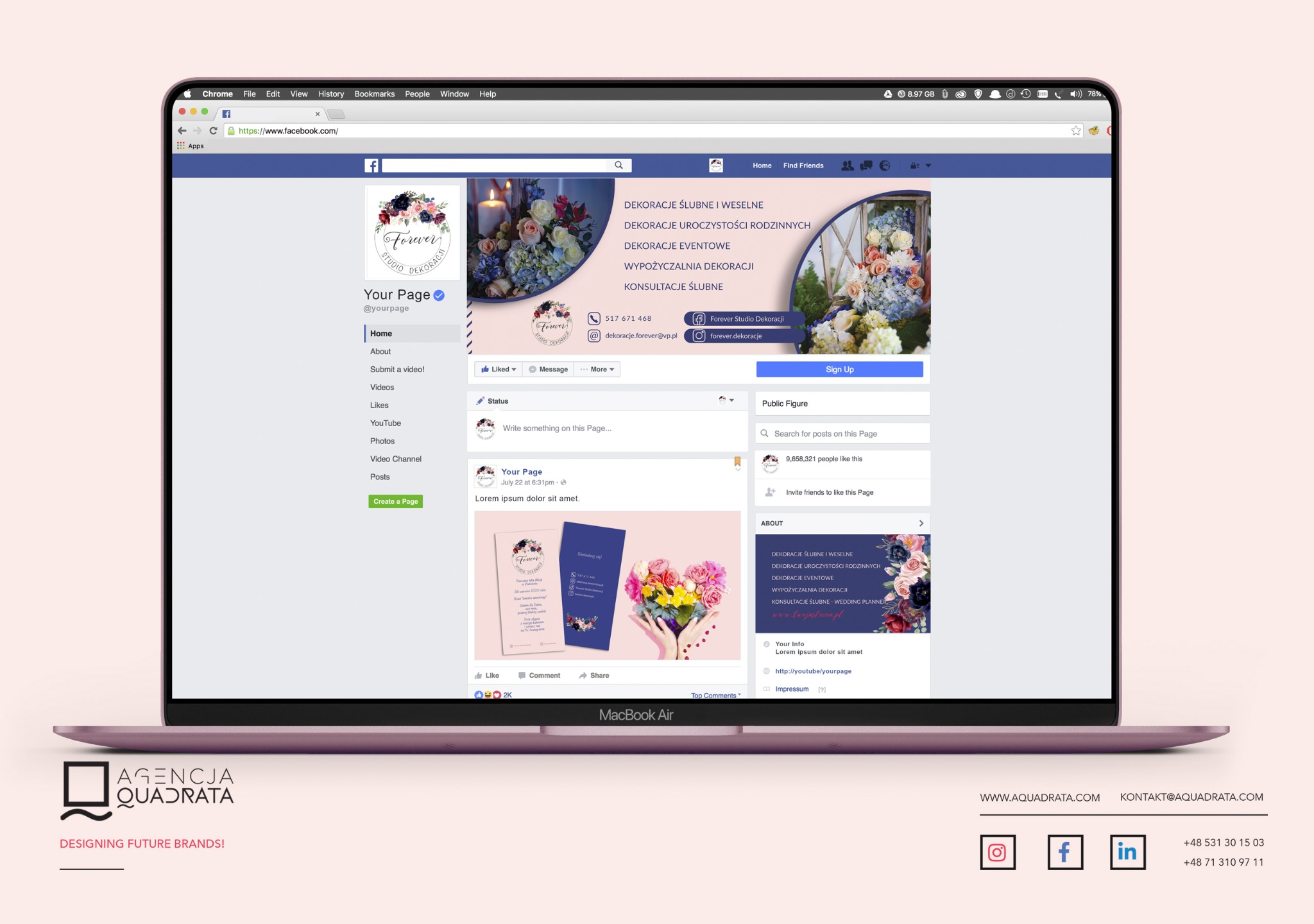 Laptop MacBook Air wyświetlający stronę Facebookową firmy dekorującej wydarzenia, z ofertą dekoracji ślubnych i eventowych. Na ekranie widoczne posty i informacje kontaktowe.