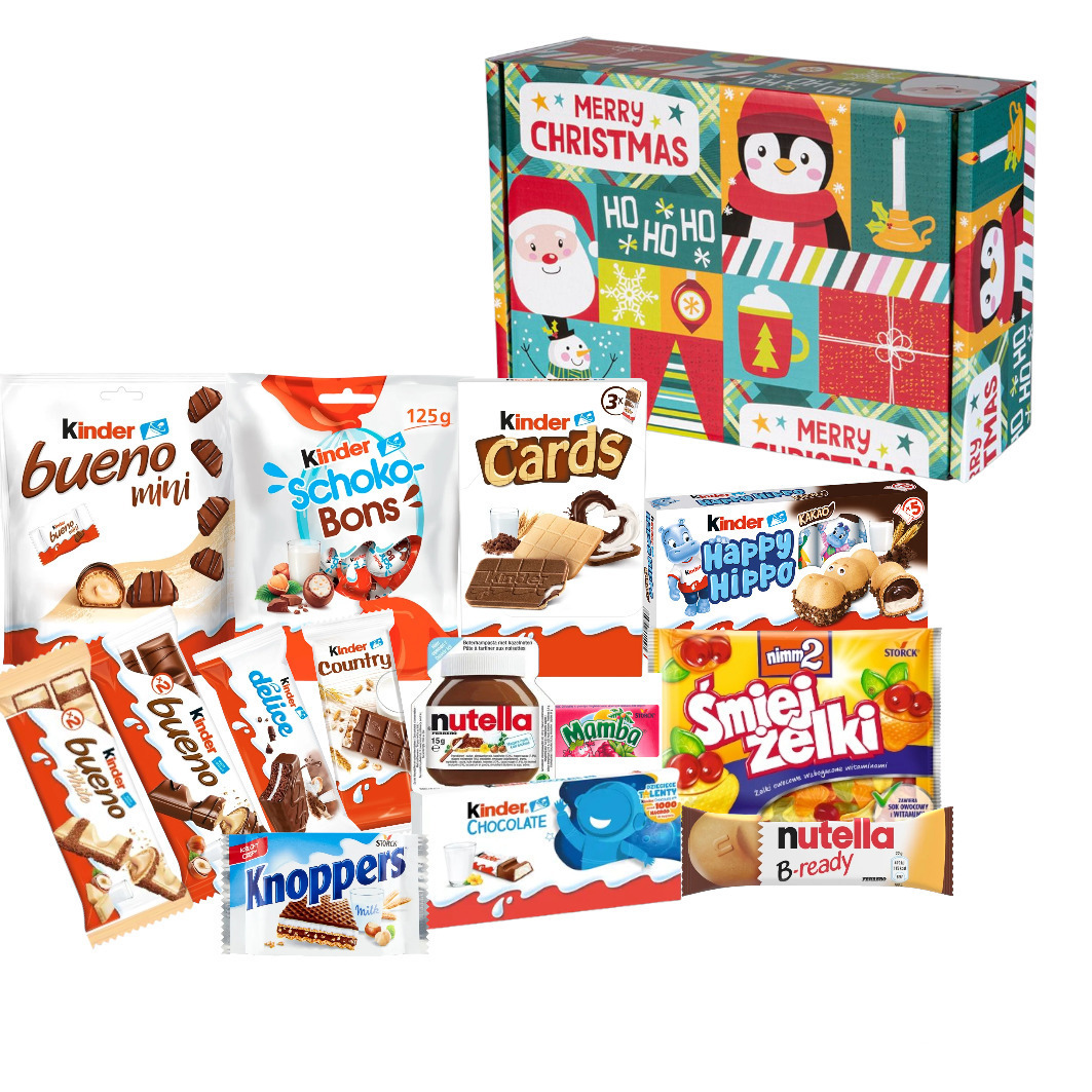 Świąteczne pudełko wypełnione różnorodnymi słodyczami marki Kinder, w tym Kinder Bueno, Schoko-Bons, Cards, Happy Hippo, Country, Nutella, Mamba, Śmiejżelki i Knoppers.