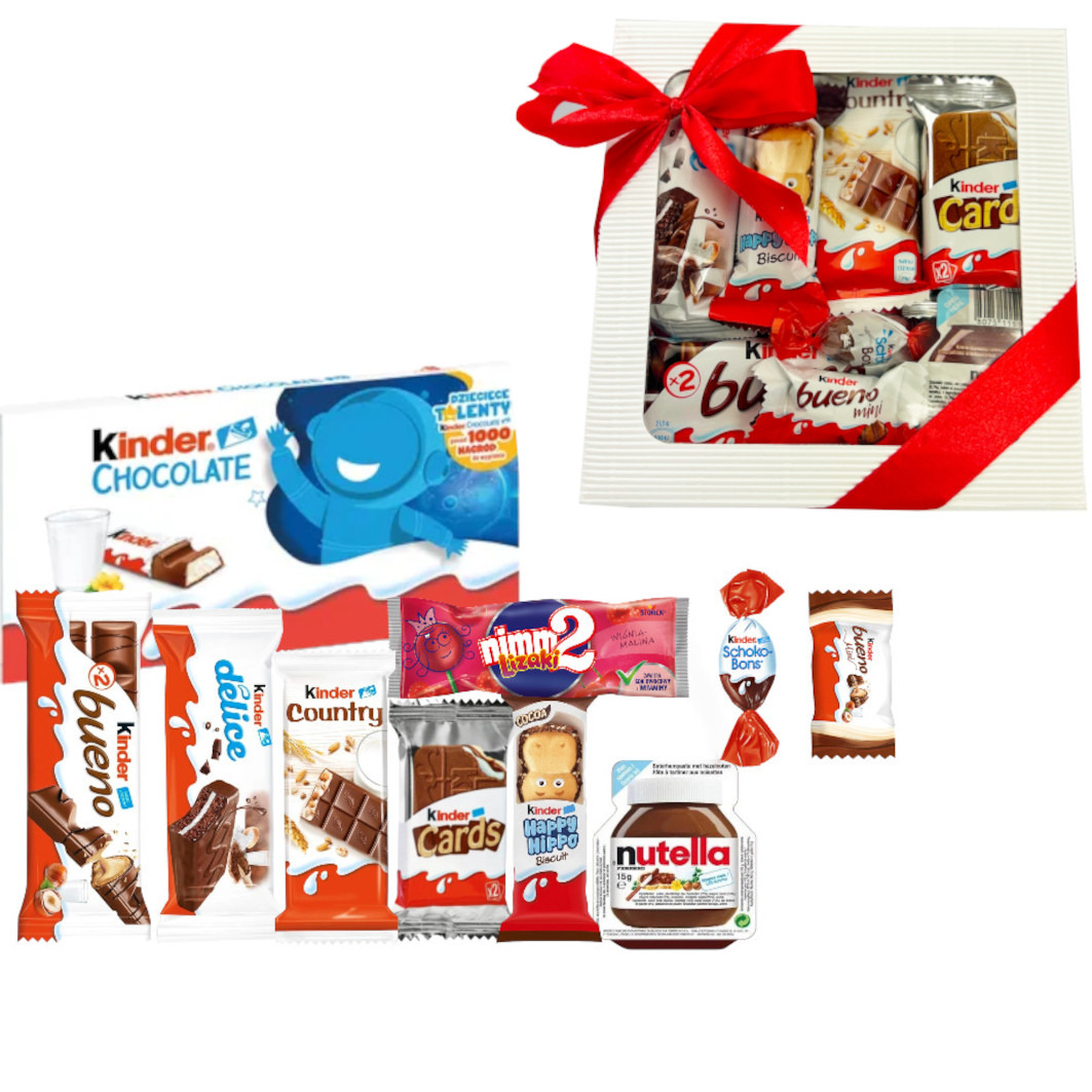 Zestaw słodyczy Kinder i Nimm2, w tym czekolady, batony, praliny i krem Nutella, część umieszczona w białym pudełku przewiązanym czerwoną wstążką.