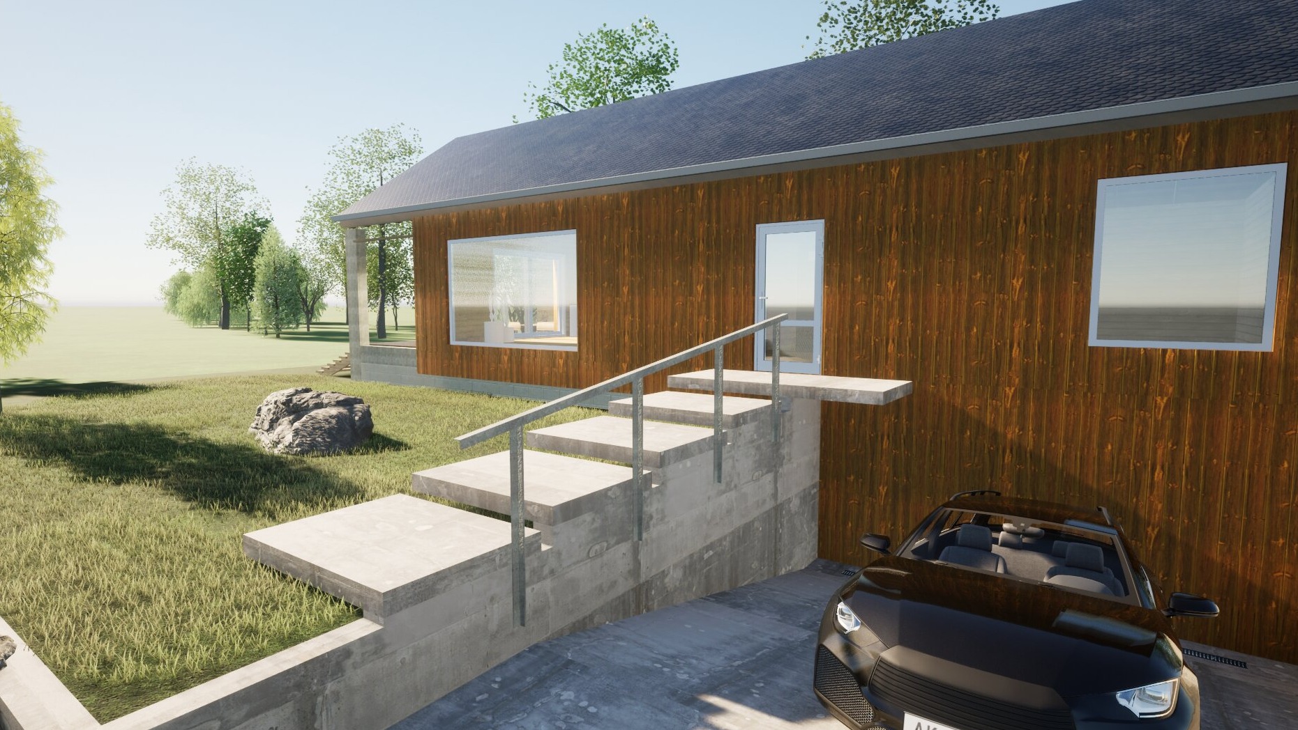 Wizualizacja domu z drewnianą elewacją, betonowymi schodami z metalową barierką i czarnym samochodem zaparkowanym obok.