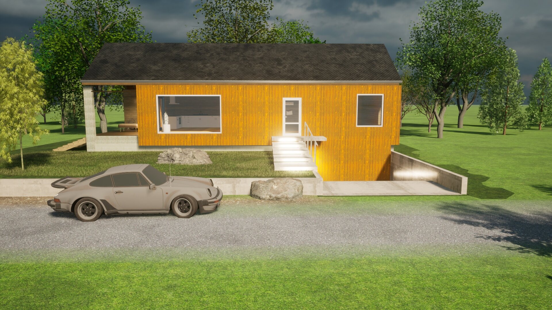 Wizualizacja domu z żółtą elewacją drewnianą, z widocznym podjazdem do garażu podziemnego, schodami wejściowymi i szarym samochodem sportowym na tle zielonego trawnika i drzew.