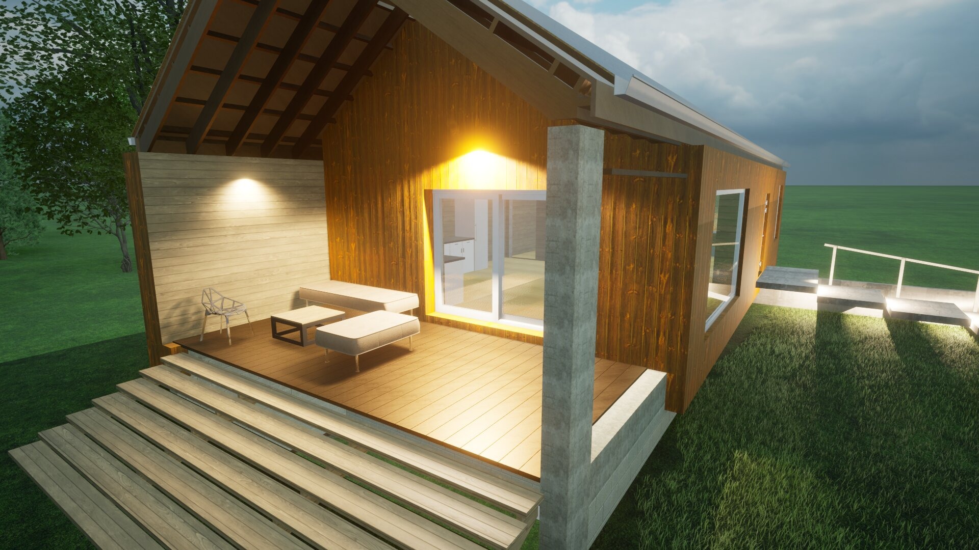 Wizualizacja zewnętrzna domu z drewnianą elewacją, tarasem z drewnianych desek i schodami, nowoczesne meble ogrodowe, oświetlenie elewacyjne, otoczenie trawnik.