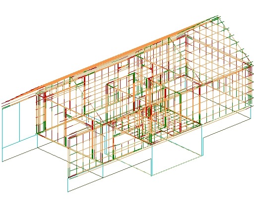 Wizualizacja 3D szkieletu budynku z zaznaczonymi elementami konstrukcyjnymi w kolorach pomarańczowym, zielonym i czerwonym na białym tle.