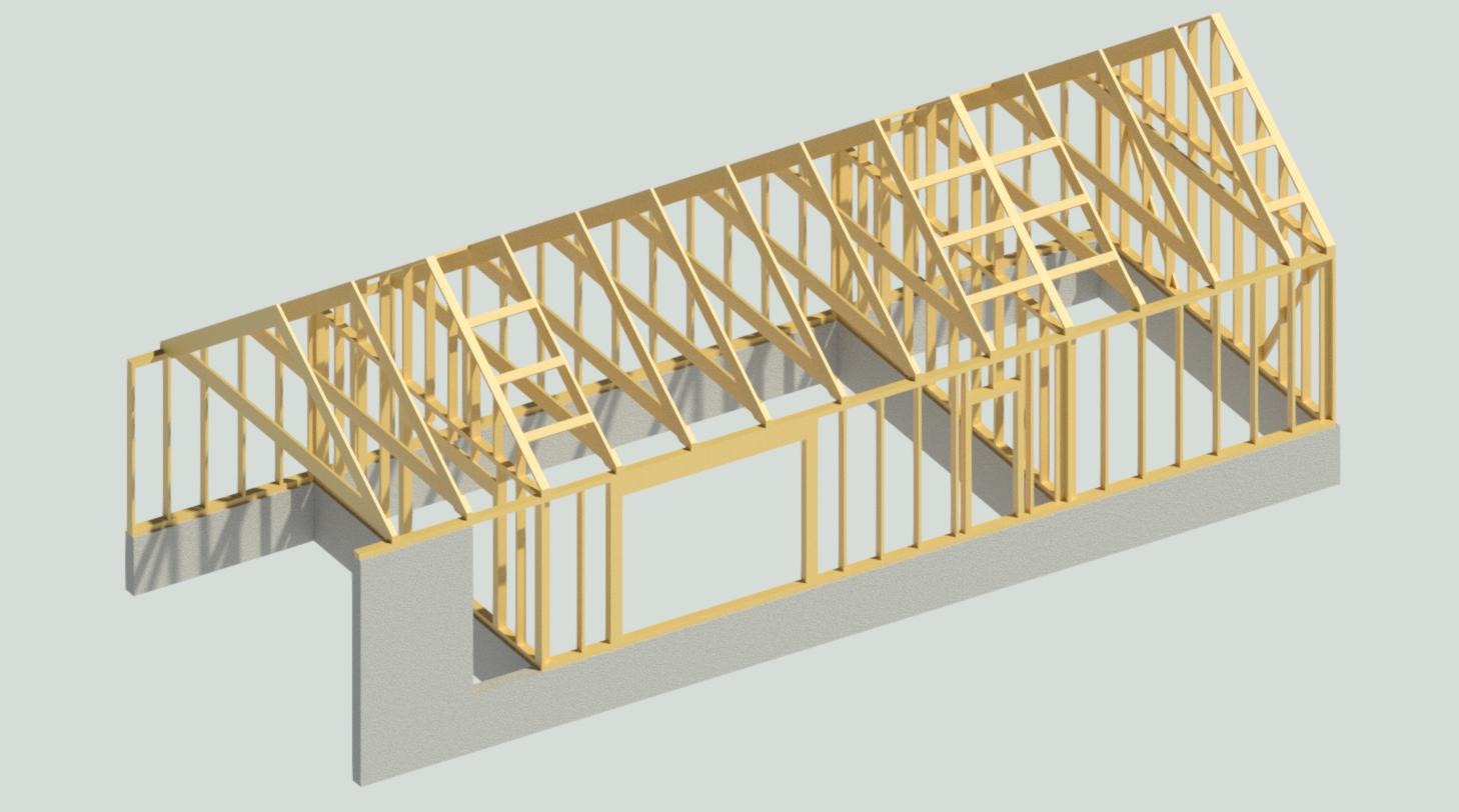 Wizualizacja 3D konstrukcji domu w trakcie budowy, ukazująca drewniany szkielet ścian i dachu osadzony na betonowej podmurówce, z widocznym otworem okiennym i charakterystycznym układem belek...