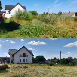 Porównanie terenu przed i po wycince drzew i krzewów, widoczny dom jednorodzinny w tle.