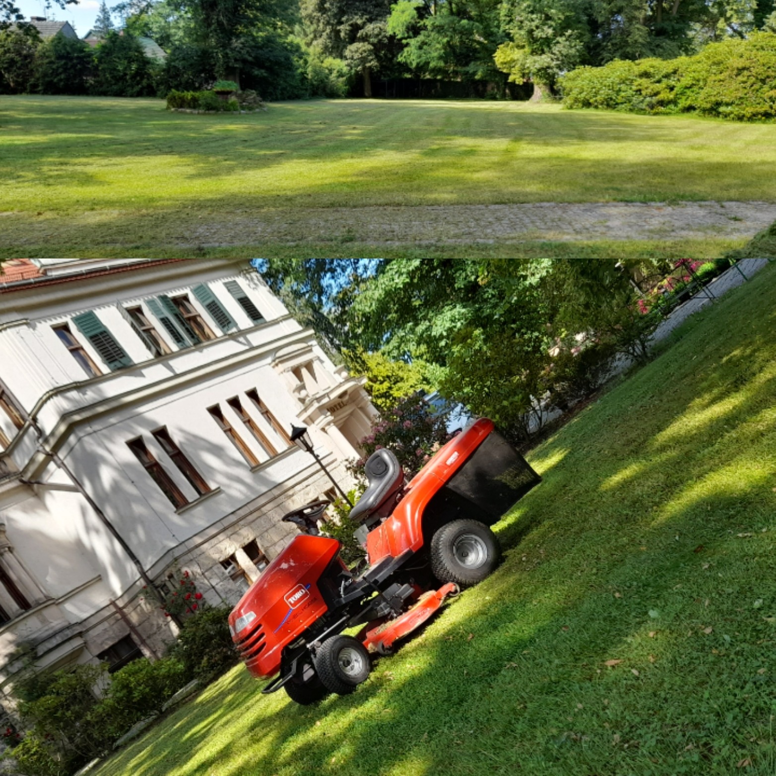 Czerwona kosiarka samojezdna na trawniku przed budynkiem z białej cegły z zielonymi okiennicami, w tle duży, zadbany trawnik.