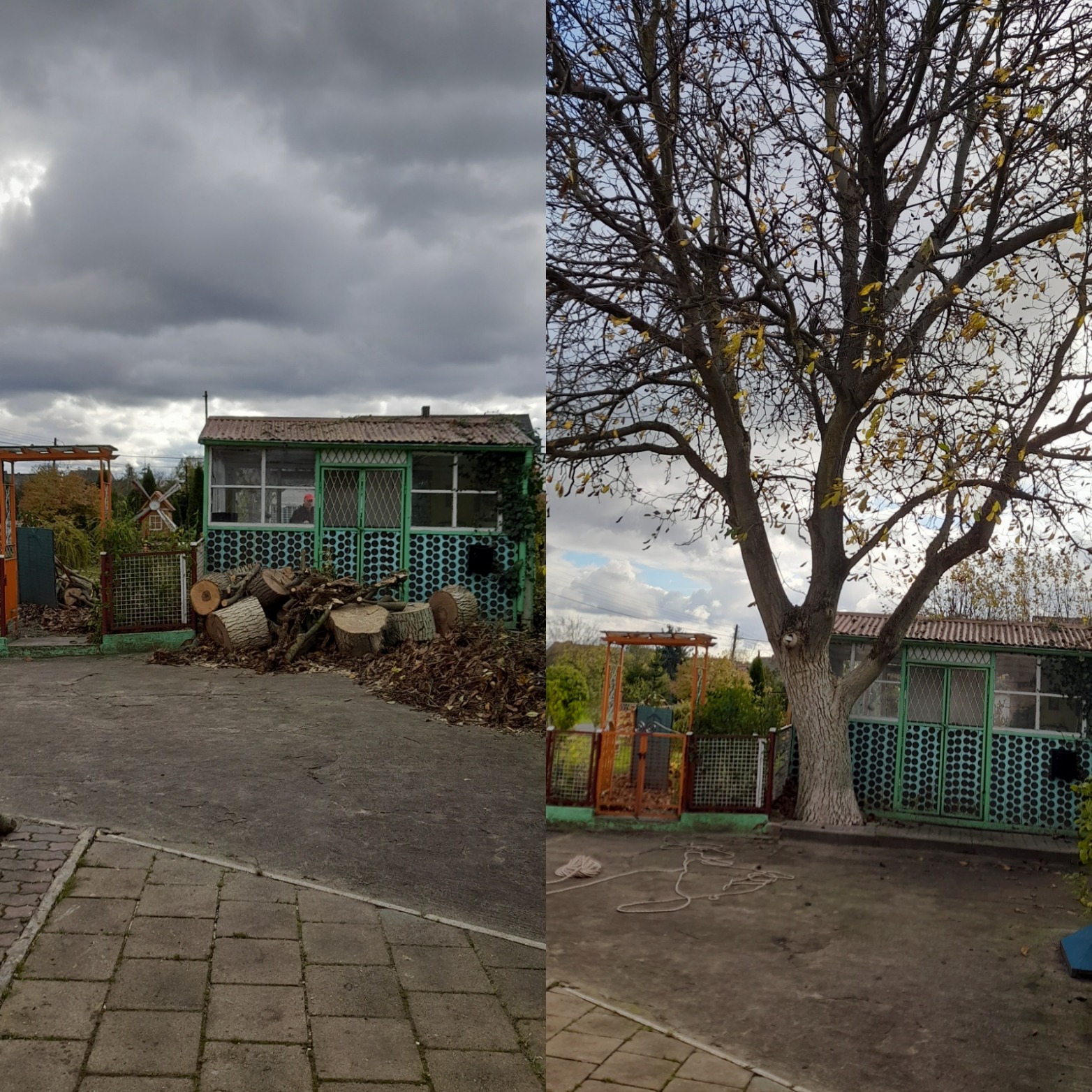 Podwójne ujęcie: po lewej sterta pni i liści przed altaną z butelkową elewacją, po prawej drzewo z resztkami żółtych liści przed tą samą altaną, sznurek leżący na ziemi.