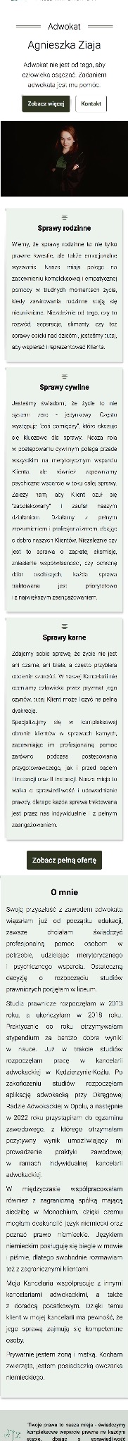 Strona internetowa kancelarii adwokackiej adwokat-ziaja.pl prezentująca zakres usług: sprawy rodzinne, cywilne i karne, wraz ze zdjęciem adwokat Agnieszki Ziaji i informacjami o jej doświadczeniu.