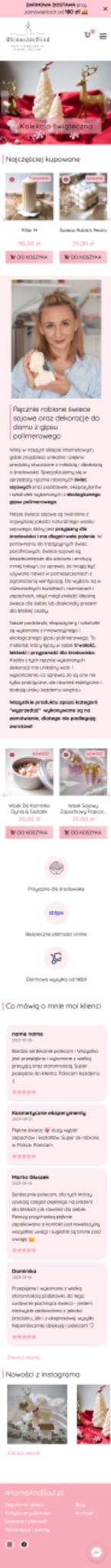 Zrzut ekranu strony internetowej sklepu 4homeandsoul.pl z ofertą świąteczną, prezentujący dekoracyjne świece w kształcie choinek i złotego renifera na czerwonym tle.