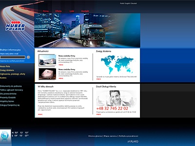 Strona internetowa firmy transportowej Huber Poland z widocznym logo, menu nawigacyjnym, aktualnościami, mapą świata i danymi kontaktowymi działu obsługi klienta.