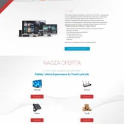 Strona internetowa firmy IT prezentująca ofertę: telewizja, internet, telefon, paczki, z widocznym monitorem, laptopem, tabletem i smartfonem prezentującymi interfejs platformy streamingowej.