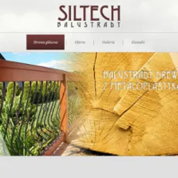 Strona internetowa firmy SILTECH Balustrady z wizualizacją balustrady drewniano-metalowej na tle przekroju pnia drzewa.