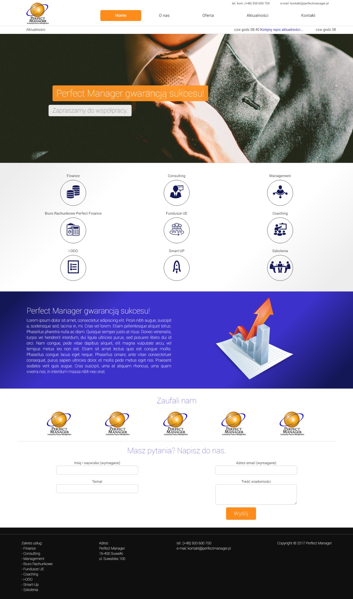 Strona internetowa firmy Perfect Manager z nagłówkiem 'Perfect Manager gwarancją sukcesu!', sekcjami Finance, Consulting, Management i formularzem kontaktowym.