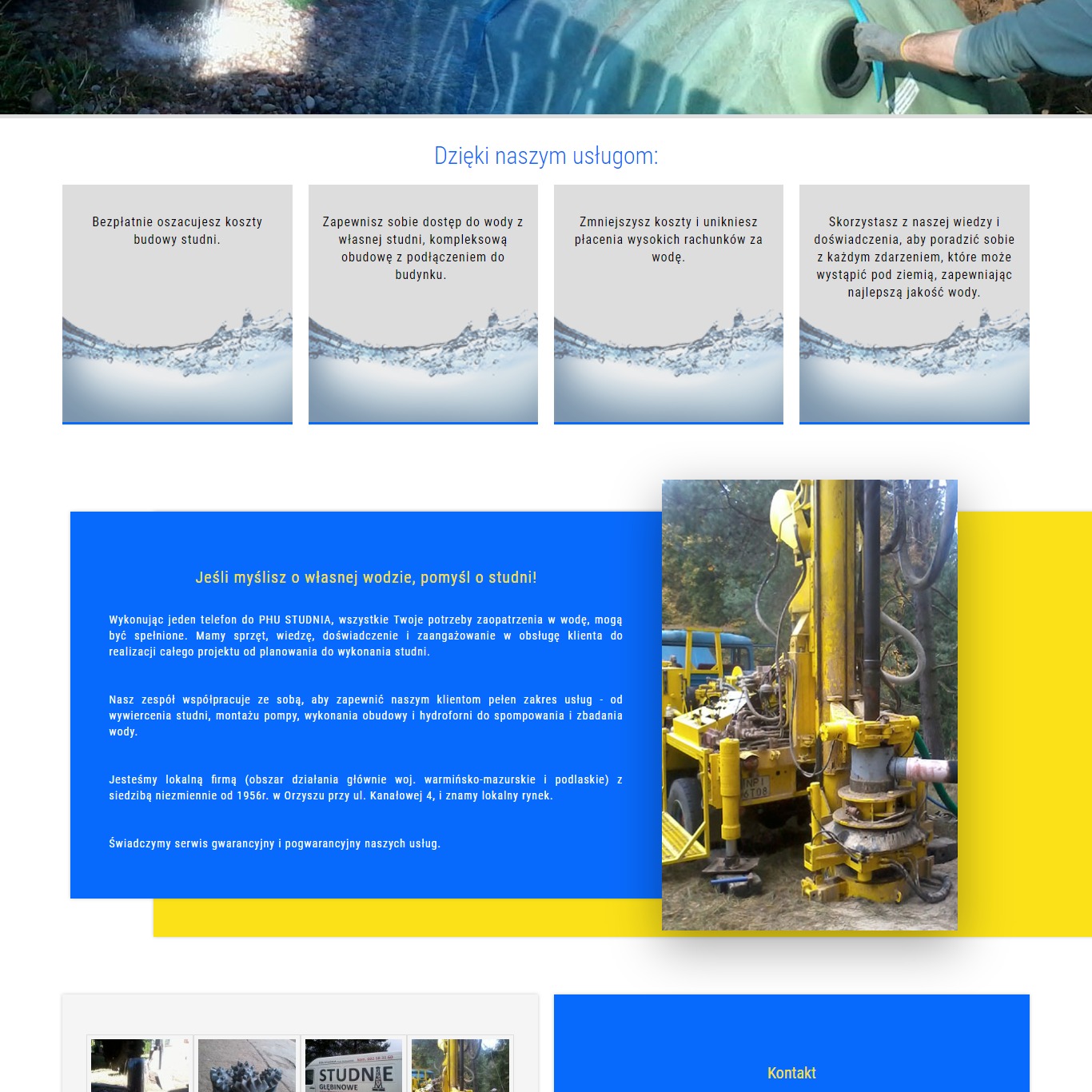Żółta wiertnica do studni głębinowych na tle drzew, z widocznymi elementami konstrukcyjnymi i oznaczeniami technicznymi.