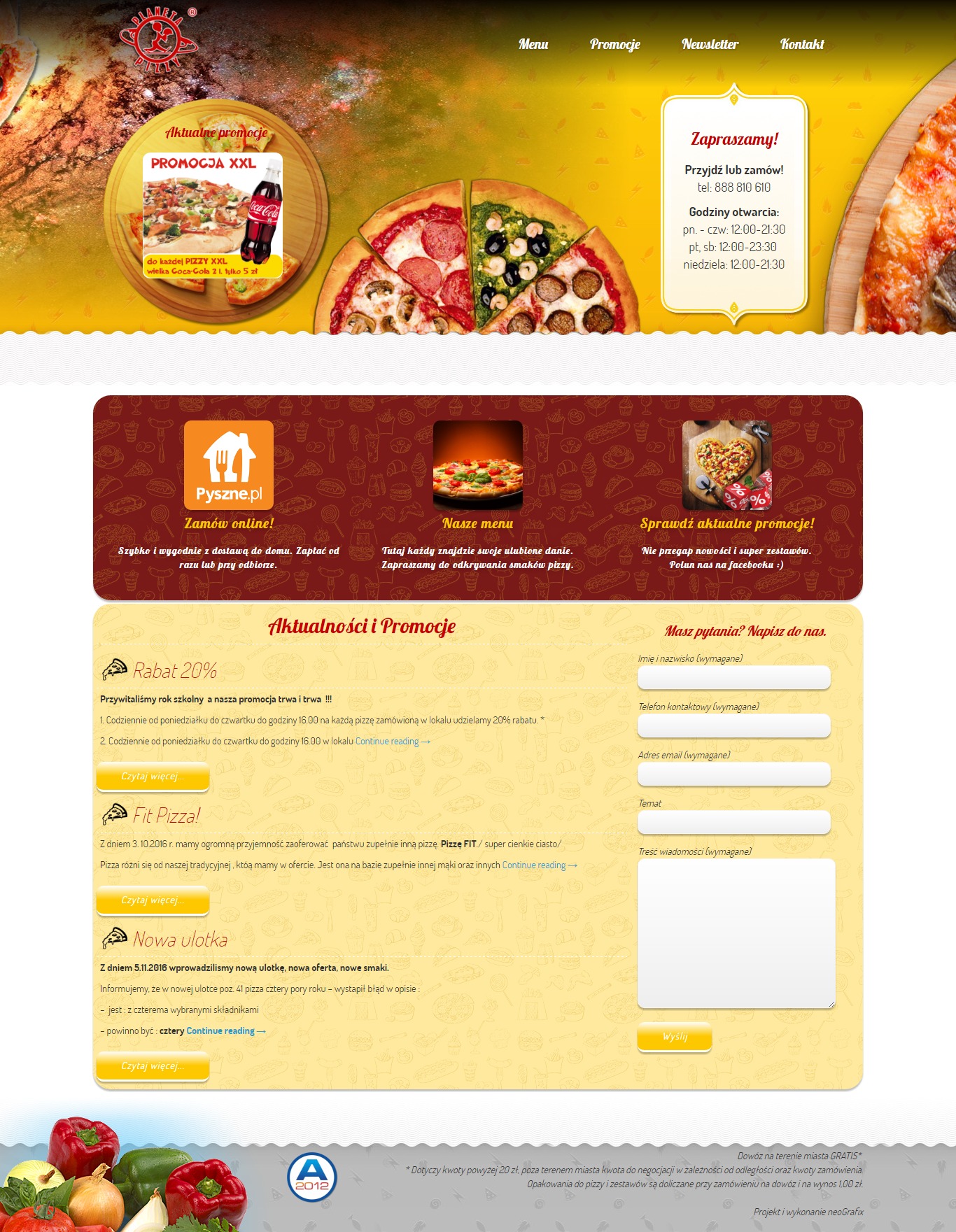Grafika strony internetowej pizzerii z menu, promocjami, formularzem kontaktowym i informacjami o godzinach otwarcia.