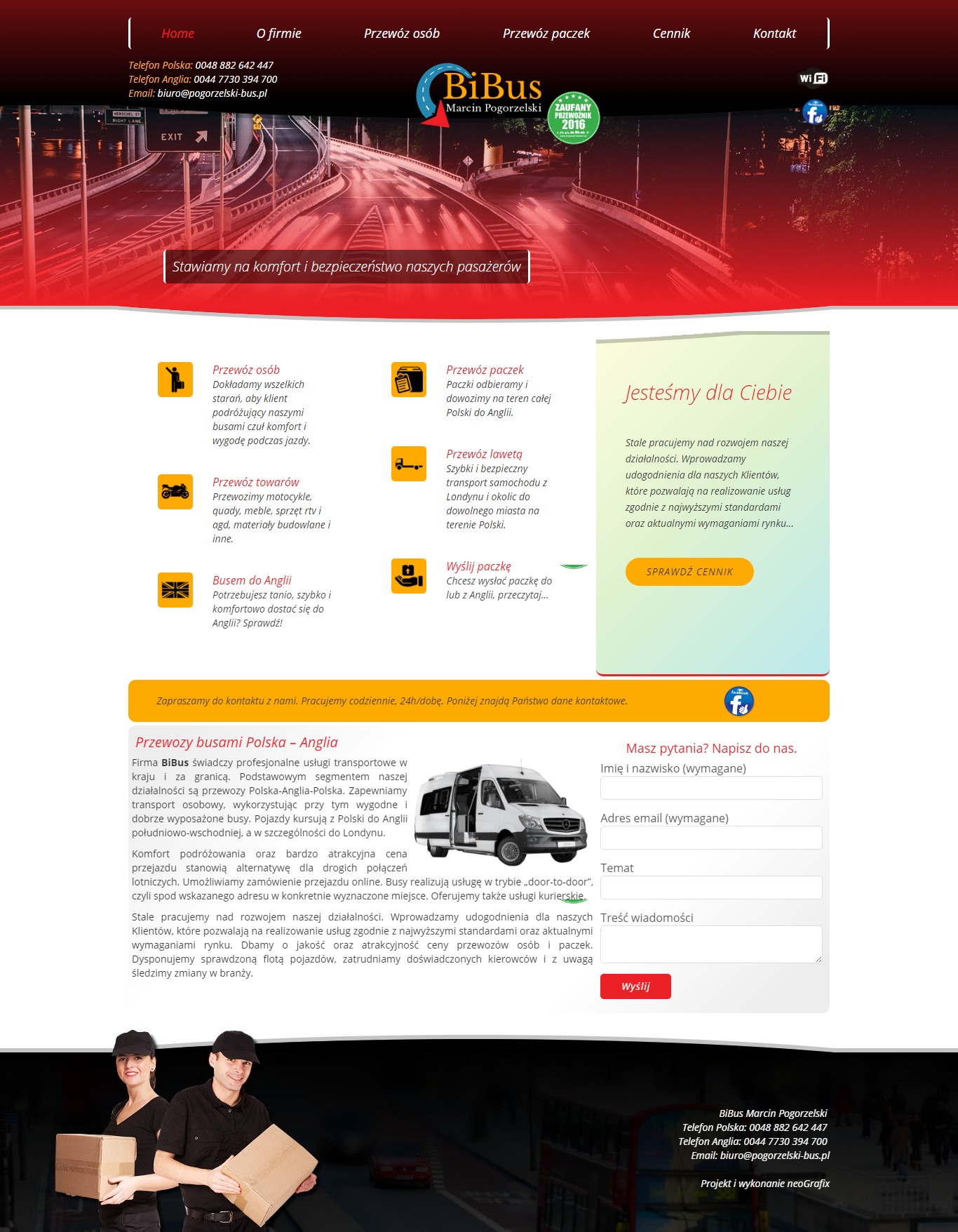 Strona internetowa firmy BiBus, oferującej przewozy busami Polska-Anglia, z widocznym logo, menu nawigacyjnym, informacjami o przewozie osób, paczek i towarów, formularzem kontaktowym oraz zdjęciem...