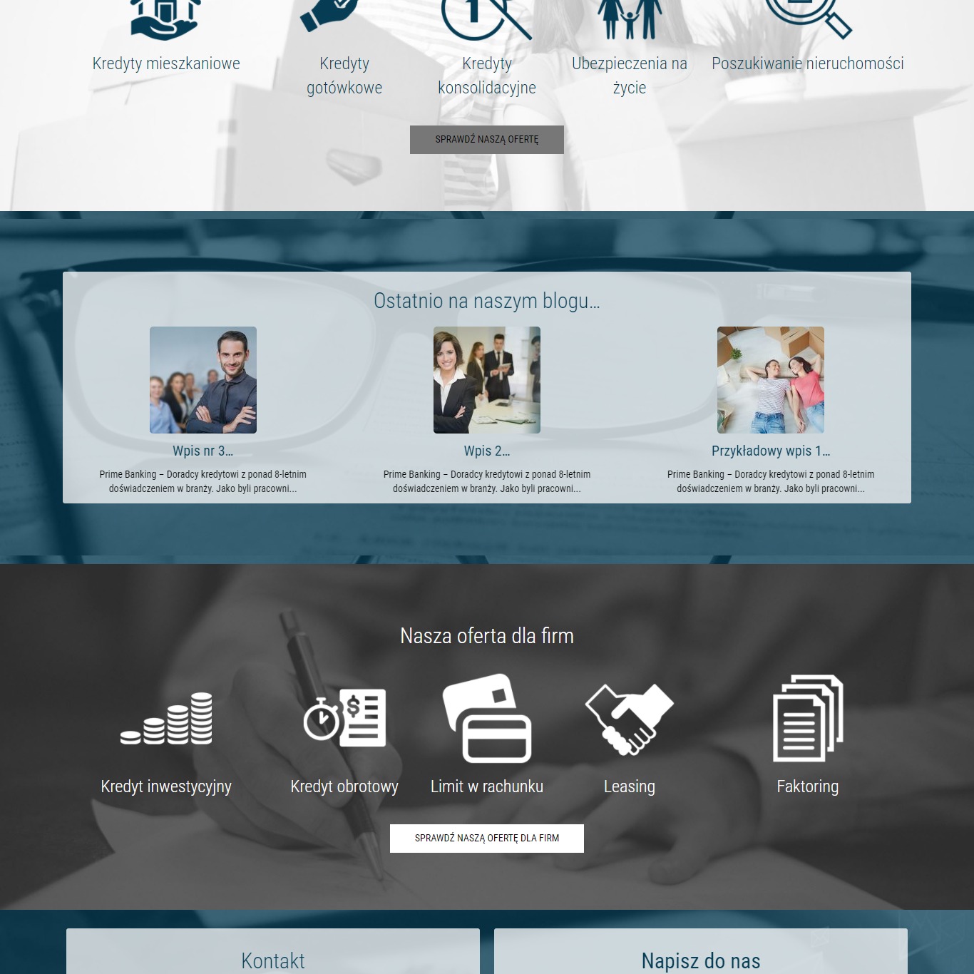 Strona internetowa z ofertami kredytów i ubezpieczeń, prezentująca ostatnie wpisy na blogu i ofertę dla firm, z ikonami i wezwaniem do działania.