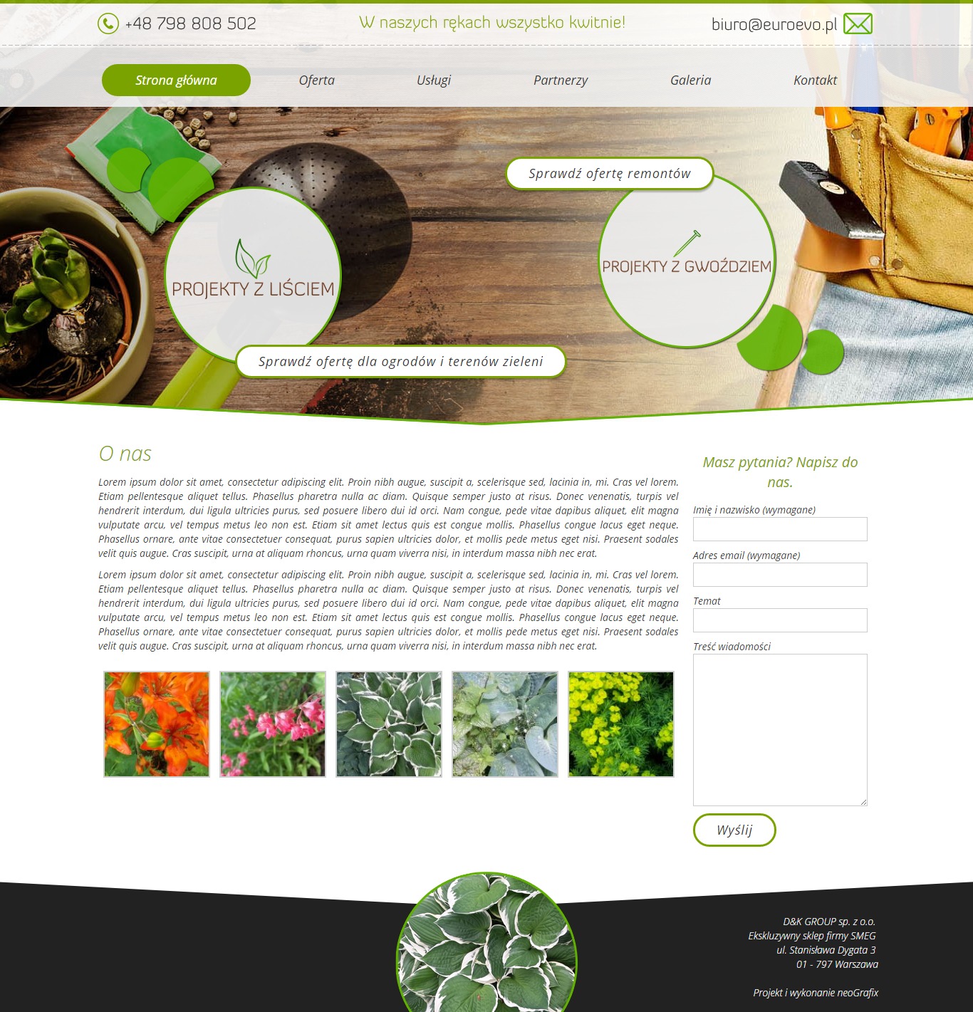 Fragment strony internetowej firmy z branży ogrodniczej i remontowej, prezentujący projekty z liściem i gwoździem, z narzędziami w tle i formularzem kontaktowym.